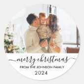 Elegant zwart script familie foto vrolijk kerstfee ronde sticker (Voorkant)