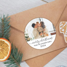 Elegant zwart script familie foto vrolijk kerstfee ronde sticker