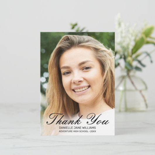 Elegant zwart script foto Afstuderen dank u Bedankkaart (Staand voorkant)