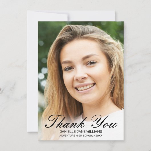 Elegant zwart script foto Afstuderen dank u Bedankkaart (Voorkant)