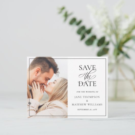 Elegant Zwart Script & Foto Bruiloft Save the Date Briefkaart (Staand voorkant)