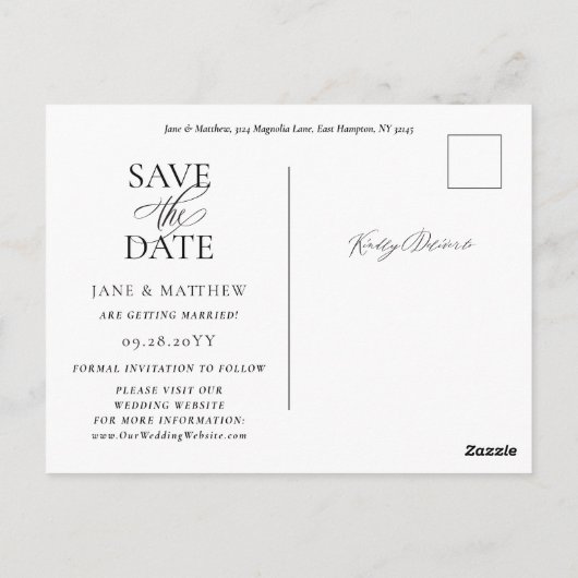 Elegant Zwart Script & Foto Bruiloft Save the Date Briefkaart (Achterkant)