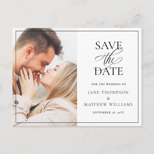 Elegant Zwart Script & Foto Bruiloft Save the Date Briefkaart (Voorkant)