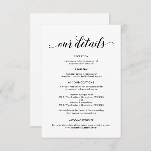 Elegant zwart script, huwelijksgegevens informatiekaartje (Voorkant / Achterkant)