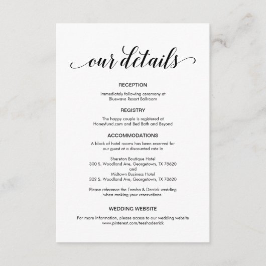 Elegant zwart script, huwelijksgegevens informatiekaartje (Voorkant)