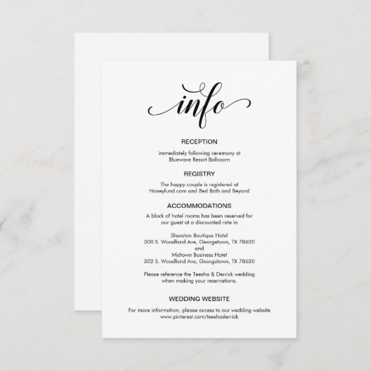 Elegant zwart script, huwelijksgegevens informatiekaartje (Voorkant / Achterkant)