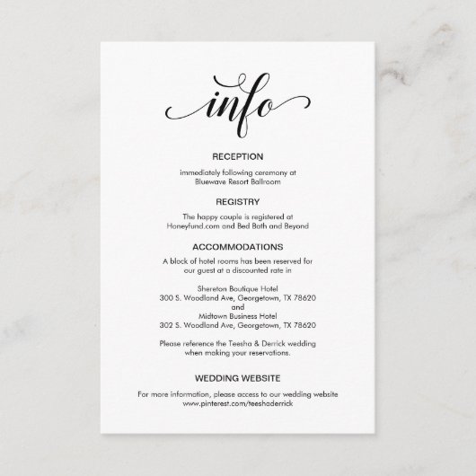 Elegant zwart script, huwelijksgegevens informatiekaartje (Voorkant)