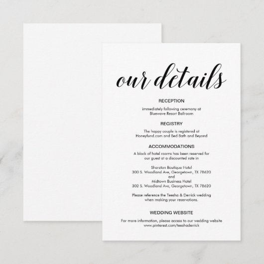 Elegant zwart script, huwelijksgegevens informatiekaartje (Voorkant / Achterkant)