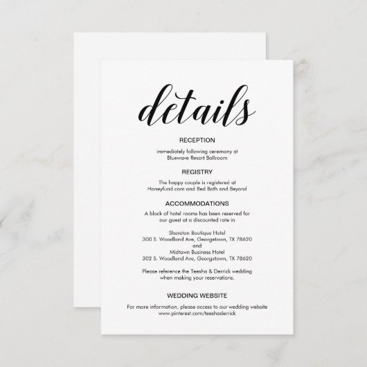 Elegant zwart script, huwelijksgegevens informatiekaartje (Voorkant / Achterkant)