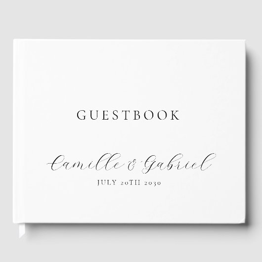 Elegant zwart script kalligrafie wit bruiloft gastenboek (Voorkant)