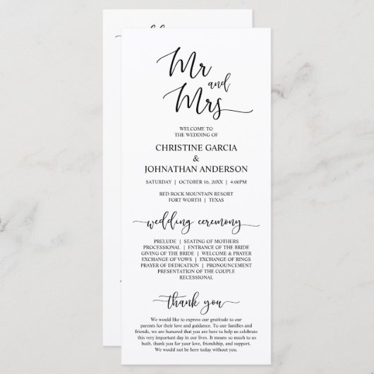 Elegant zwart script, meneer en mevrouw, huwelijks programmakaart (Voorkant / Achterkant)