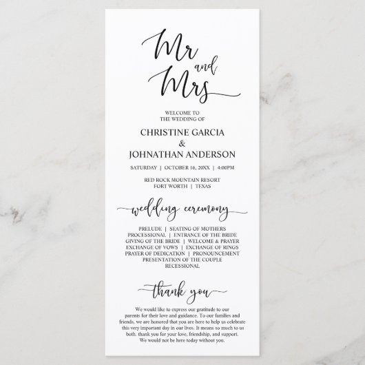 Elegant zwart script, meneer en mevrouw, huwelijks programmakaart (Voorkant)