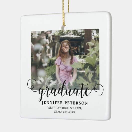 Elegant zwart script Modern 2 foto Afstuderen Keramisch Ornament (Links)