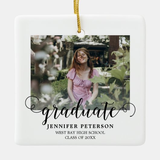 Elegant zwart script Modern 2 foto Afstuderen Keramisch Ornament (Voorkant)