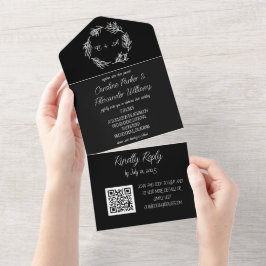 Elegant zwart Script Moderne unieke RSVP QR-code All In One Uitnodiging