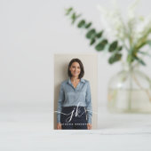 Elegant zwart script Monogram Logo Foto QR-code Visitekaartje (Staand voorkant)