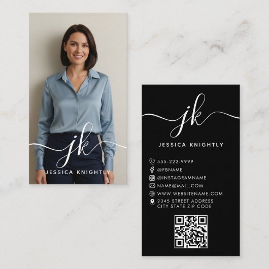 Elegant zwart script Monogram Logo Foto QR-code Visitekaartje (Voorkant / Achterkant)