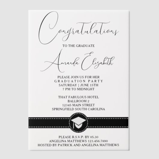 Elegant zwart script stijlvol afstudeerfeest vellum uitnodigingen (Voorkant)