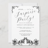 Elegant zwart script surprise party kaart (Voorkant)