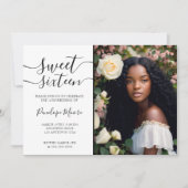 Elegant Zwart Script Sweet 16 Verjaardag Foto Kaart (Voorkant)
