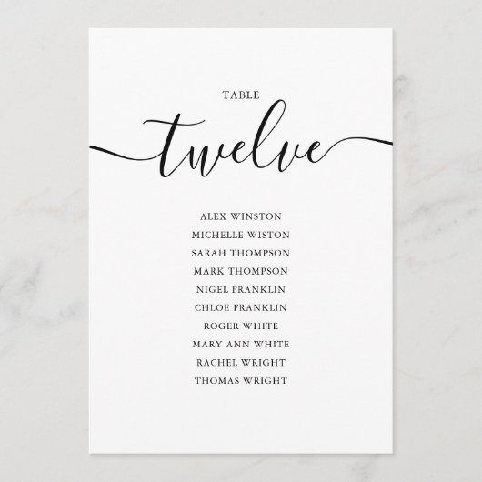 Elegant zwart-Script-tabel nummer 12-zittingsschem Kaart (Voorkant)