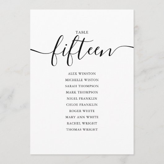 Elegant zwart-Script-tabel nummer 15-zittingsschem Kaart (Achterkant)