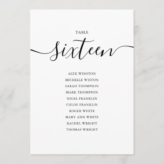 Elegant zwart-Script-tabel nummer 16-zittingsschem Kaart (Voorkant)