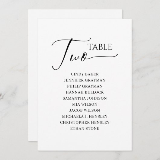 Elegant zwart-Script-tabel nummer 2-zitplaatskaart Kaart (Voorkant / Achterkant)