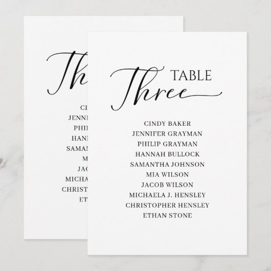 Elegant zwart-Script-tabel nummer 3-zitplaatskaart Kaart (Voorkant / Achterkant)