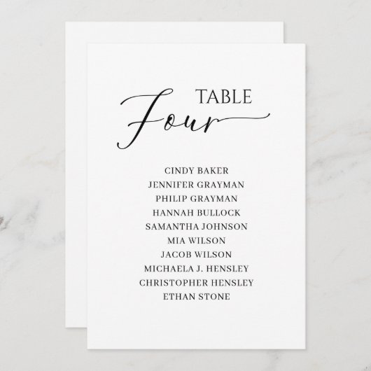 Elegant zwart-Script-tabel nummer 4 Zitdiagram Kaart (Voorkant / Achterkant)