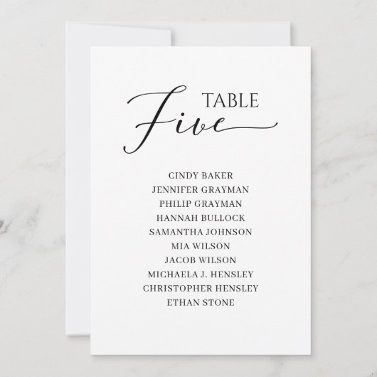 Elegant zwart-Script-tabel nummer 5-zitplaatsenkaa Kaart (Achterkant)