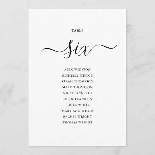 Elegant zwart-Script-tabel nummer 6 Zitdiagram Kaart (Voorkant)