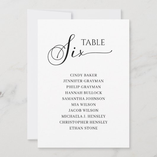 Elegant zwart-Script-tabel nummer 6 Zitdiagram Kaart (Voorkant)