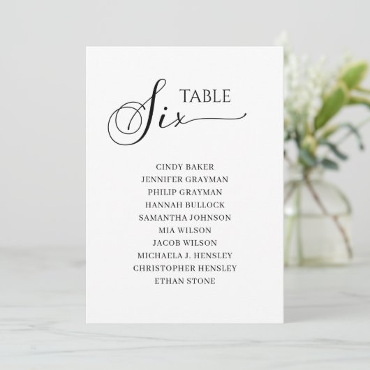 Elegant zwart-Script-tabel nummer 6 Zitdiagram Kaart (Staand voorkant)