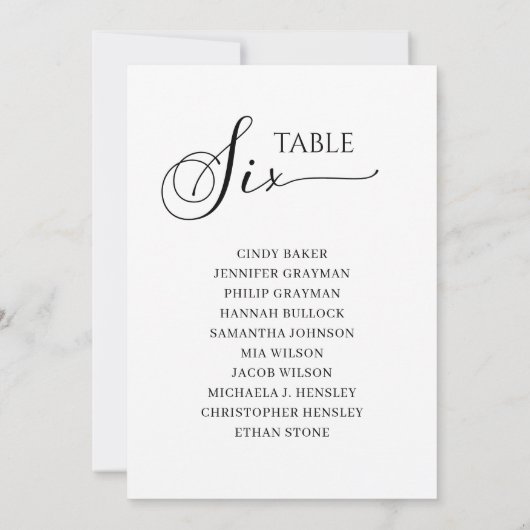 Elegant zwart-Script-tabel nummer 6 Zitdiagram Kaart (Achterkant)