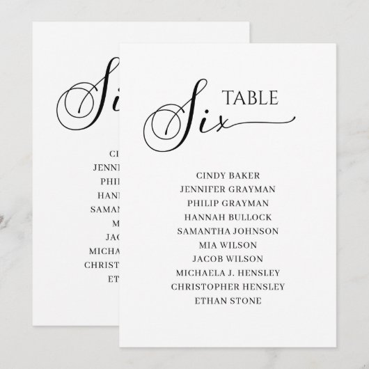 Elegant zwart-Script-tabel nummer 6 Zitdiagram Kaart (Voorkant / Achterkant)