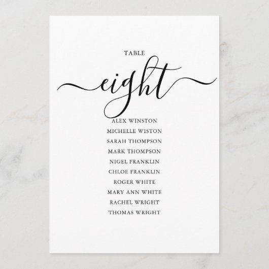 Elegant zwart-Script-tabel nummer 8 Zitdiagram Kaart (Achterkant)