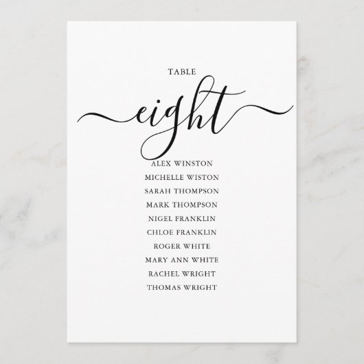 Elegant zwart-Script-tabel nummer 8 Zitdiagram Kaart (Voorkant)