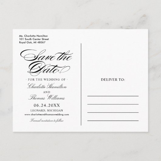 Elegant Zwart Script Wedding Photo Save the Date Aankondigingskaart (Achterkant)