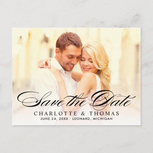 Elegant Zwart Script Wedding Photo Save the Date Aankondigingskaart (Voorkant)