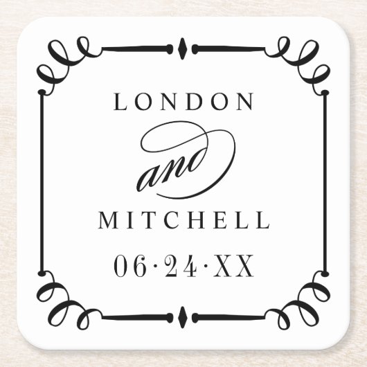 Elegant Zwart Scroll Lijst Custom Wedding Monogram Kartonnen Onderzetters (Voorkant)