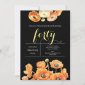 Elegant zwart Sinaasappel Floral 40ste verjaardags Kaart (Voorkant)