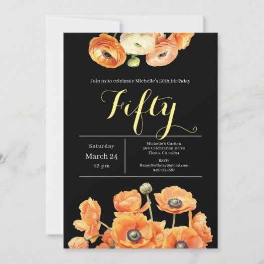 Elegant zwart Sinaasappel Floral 50ste verjaardags Kaart (Voorkant)