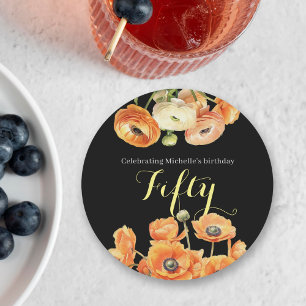 Elegant zwart Sinaasappel Floral 50ste verjaardags Ronde Kartonnen Onderzetter