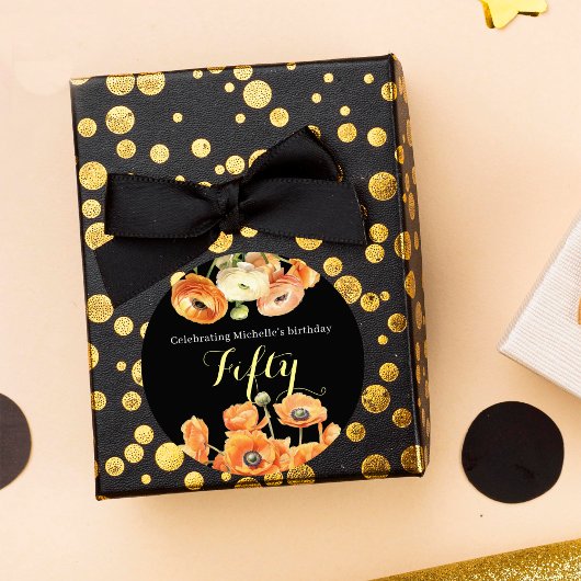 Elegant zwart Sinaasappel Floral 50ste verjaardags Ronde Sticker