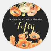 Elegant zwart Sinaasappel Floral 50ste verjaardags Ronde Sticker (Voorkant)