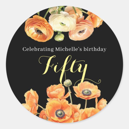 Elegant zwart Sinaasappel Floral 50ste verjaardags Ronde Sticker (Voorkant)