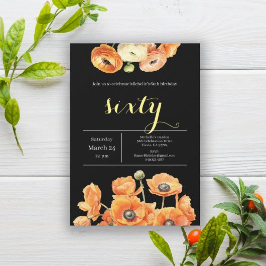 Elegant zwart Sinaasappel Floral 60ste verjaardags Kaart