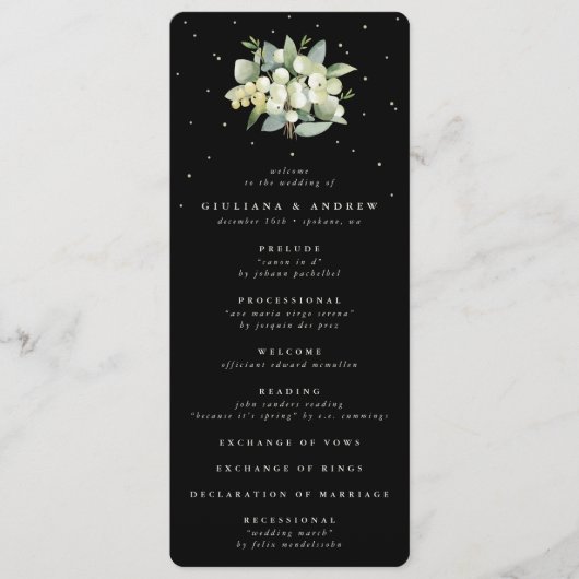 Elegant Zwart Snowberry+Eucalyptus Boeket Bruiloft Programmakaart (Voorkant)
