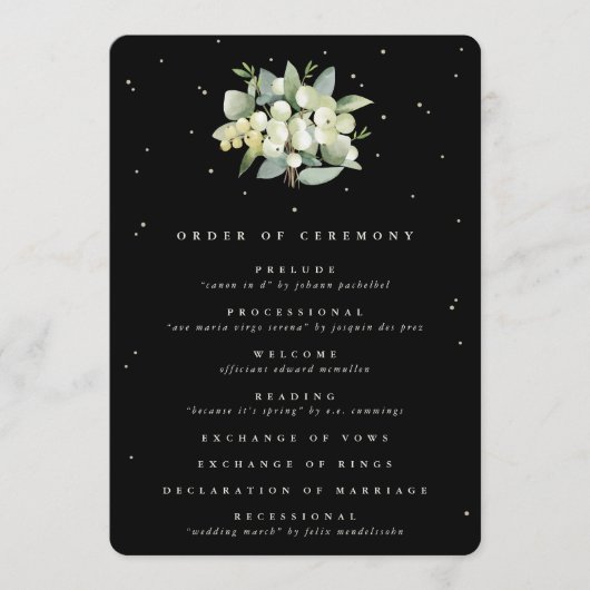 Elegant Zwart Snowberry+Eucalyptus Boeket Bruiloft Programmakaart (Voorkant)